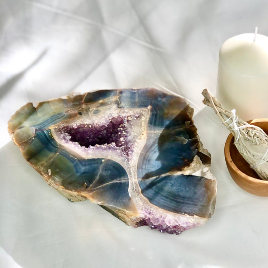 Rare Blue and White Lace Agate Geode Amethyst Crystals and Calcite