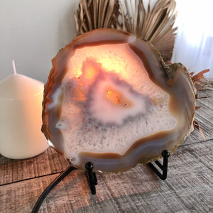 Natural Agate crystal slice with metal stand lamp