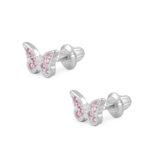 Girls' CZ Cluster Flower Screw Back Sterling Silver Earrings - Clear & Fuchsia - in Season Jewelry