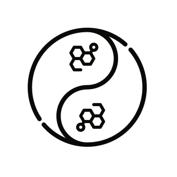 Yin-yang symbol incorporating molecular structures in black and white.
