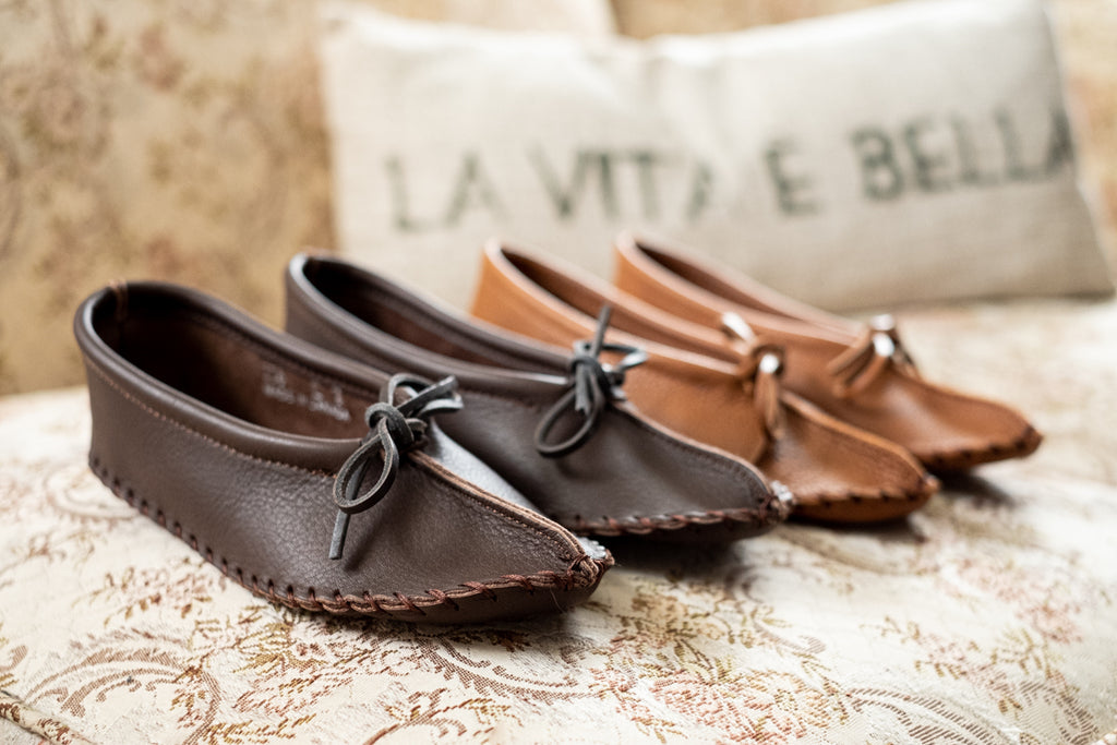 two colors of genuine leather on ballet style moccasin slippers by Laurentian Chief
