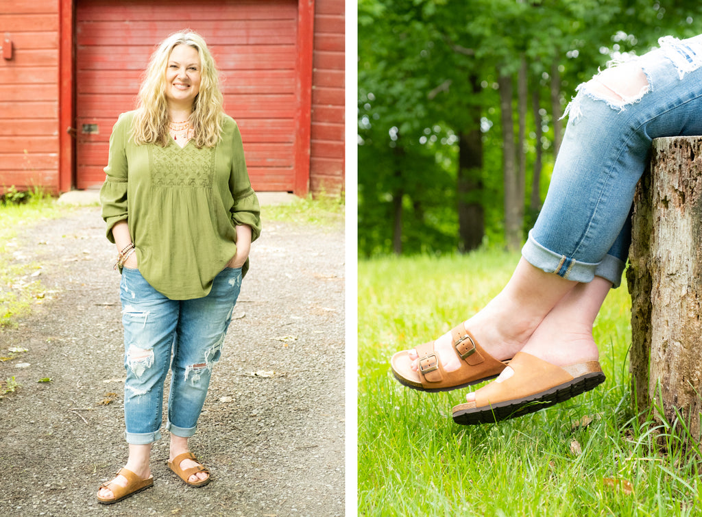 Ripped jeans and earthy sandals cottage classic with peasant blouse