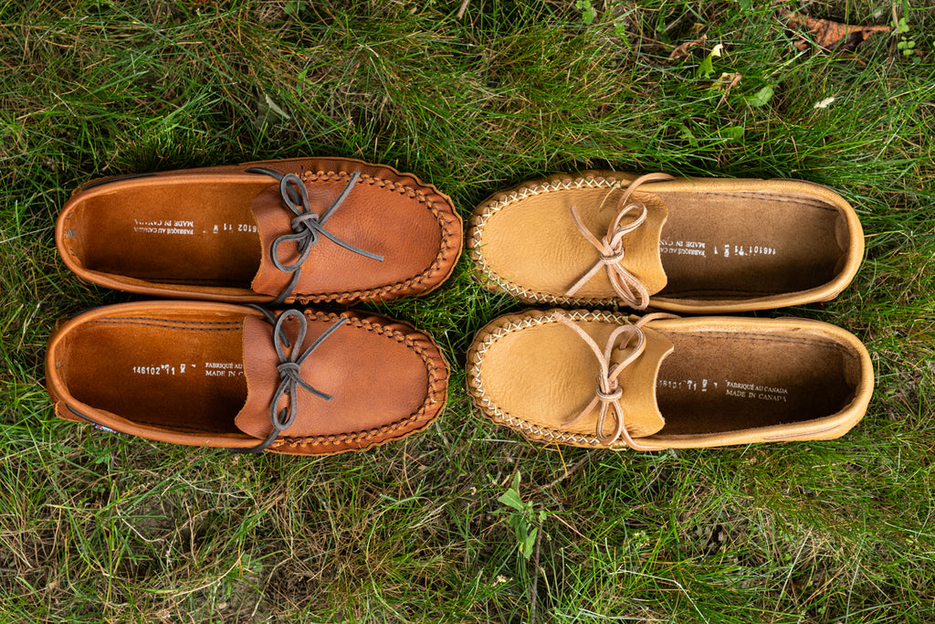 Men's cork and peanut colored earthing moccasins made in canada from genuine leather