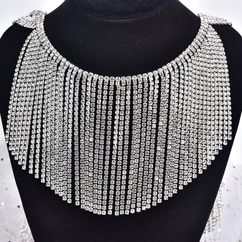 4.0"W Luxurious Rhinestone Tassel trim Rhinestone Chain night out fringe Swarovski shine silver Crystal ornament diamante jeans dress trim