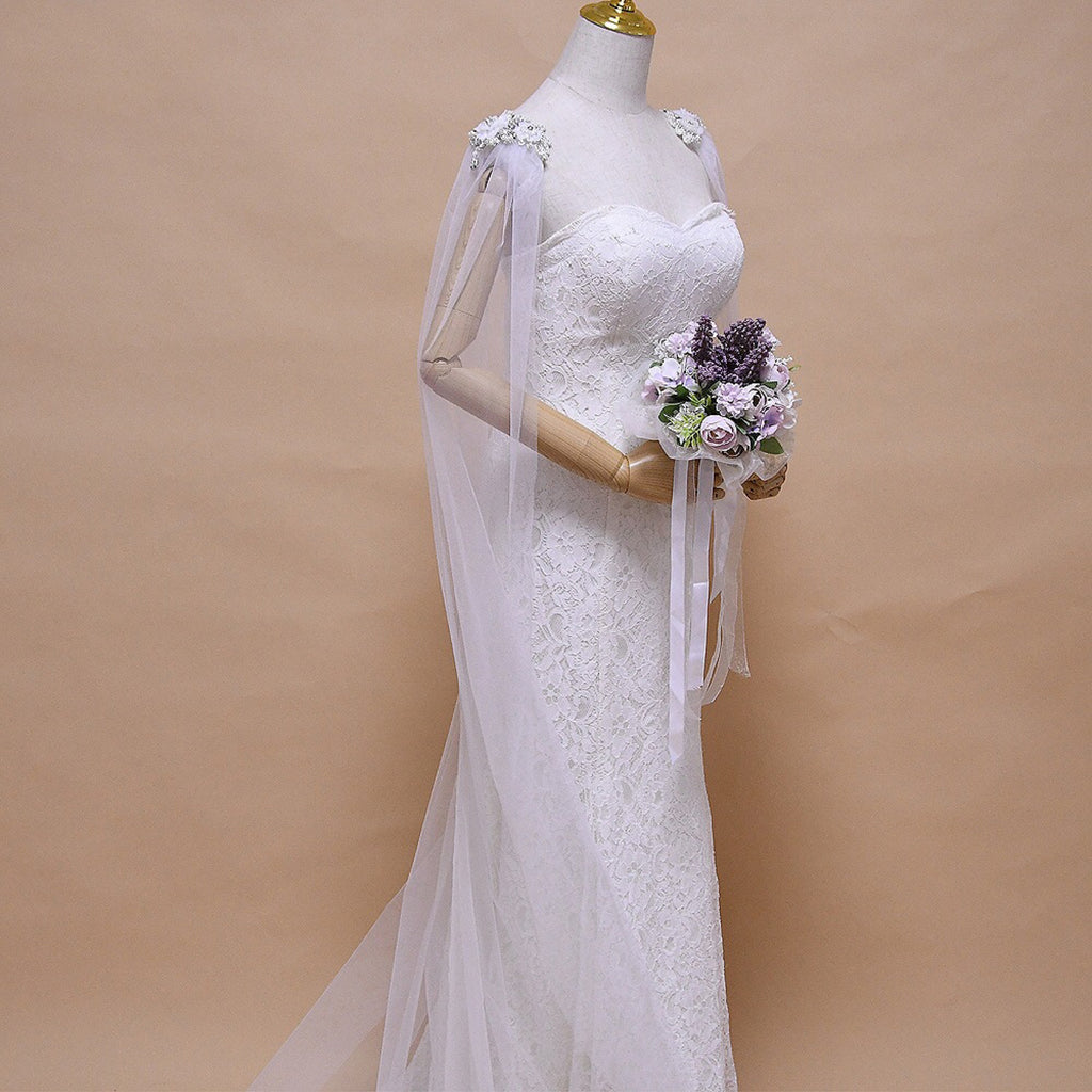 White Bridal shoulder Crystals Tulle Drape Cape Wedding Cape (One Pair)w/Rhinestone Applique on Shoulders Tulle cape shawl Cathedral wedding veil