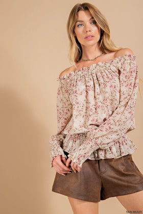 SOFT CHIFFON WATERCOLOR FLOWER PRINTED OFF SHOULDER SMOCK TOP