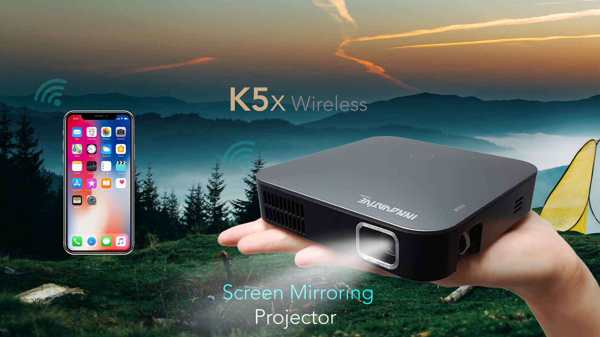 Innovative K5X wireless short throw projector - phone screen mirroring