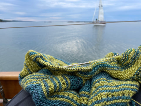 Knitting aboard the schooner Olad for a sunset cruise