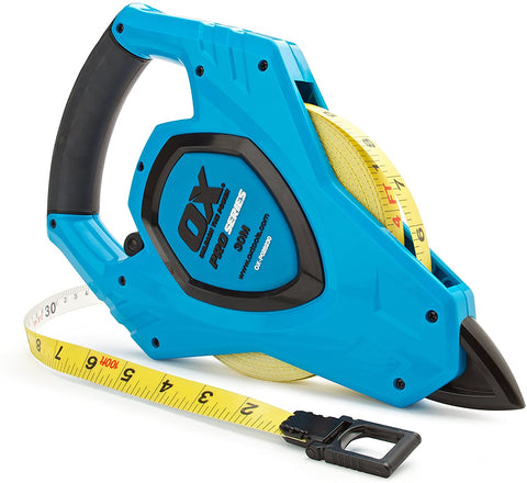 OX Trade Open Reel Fiberglass Measuring Tape - Hi-Impact Fiberglass  Construction - Blue/Black, 50 m/165 ft