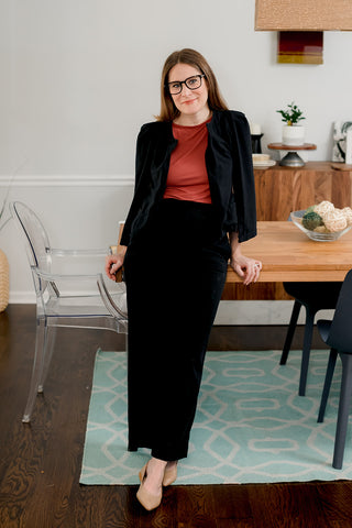 Nursing-friendly work style with cape blazer + wide leg pants