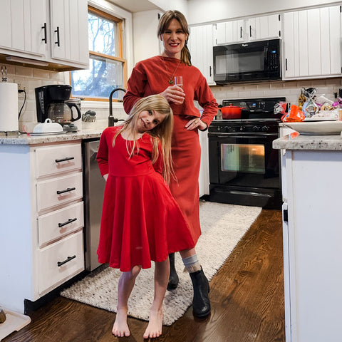 Rib Knit Nursing Dress and Little Girls Red Twirl Dress