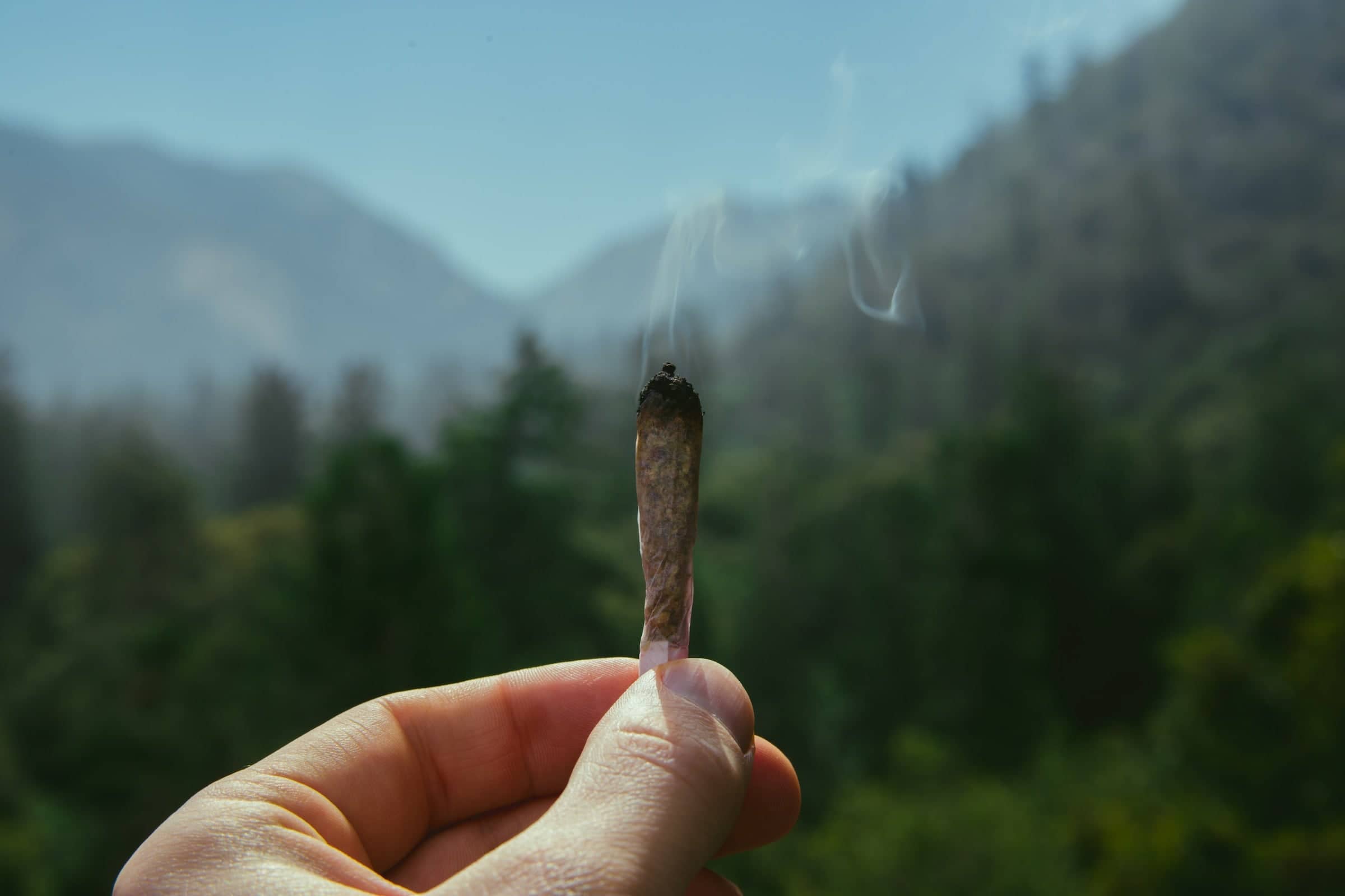 A smoldering joint being smoked outdoors