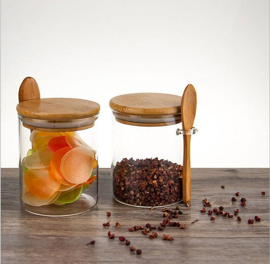 Set of 3 Glass Condiment Spice Jars With Bamboo Lids, Spoons and