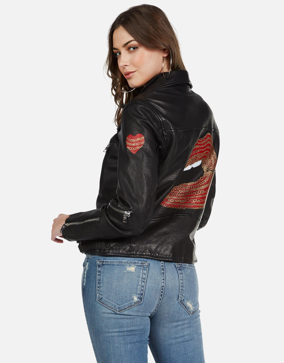 Gold Foil Chain Lip Leather Moto Jacket | Posey by Lauren Moshi