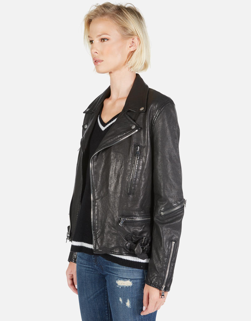 Gold Foil Chain Lip Leather Moto Jacket | Posey by Lauren Moshi