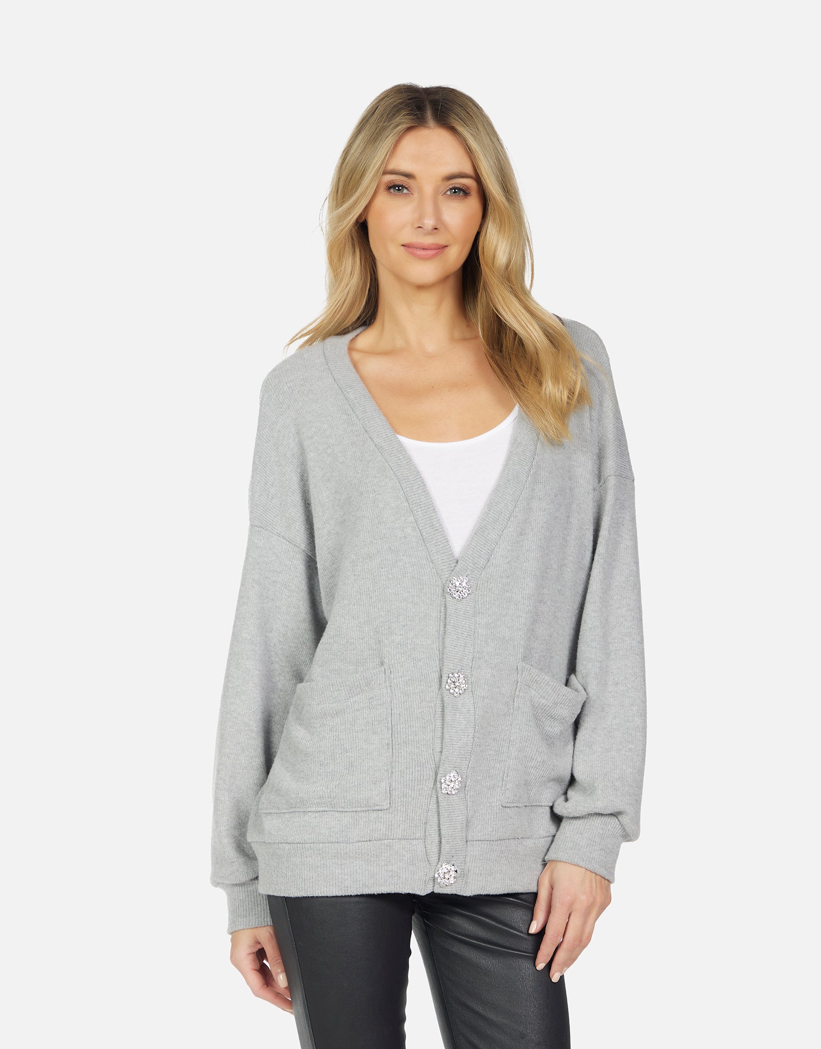 Quimby Crystal Button Cardigan - Heather Grey S