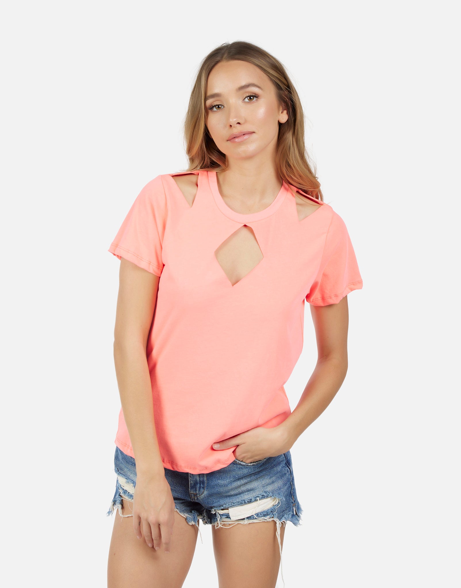 Delaware S/S Crew Tee w/ Cutout - Neon Coral S