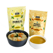Load image into Gallery viewer, A combo pack of instant pongal mix and instant peanut chutney with a bowl of pongal and a bowl of peanut chutney kept ahead.
