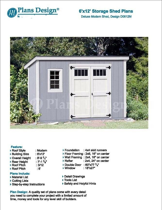 6' x 12' Deluxe Back Yard Storage Shed Project Plans, Modern Roof Styl 