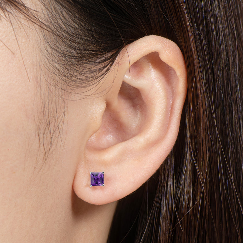 Purple Princess Cut Genuine Gmeston Amethyst Stud Earrings