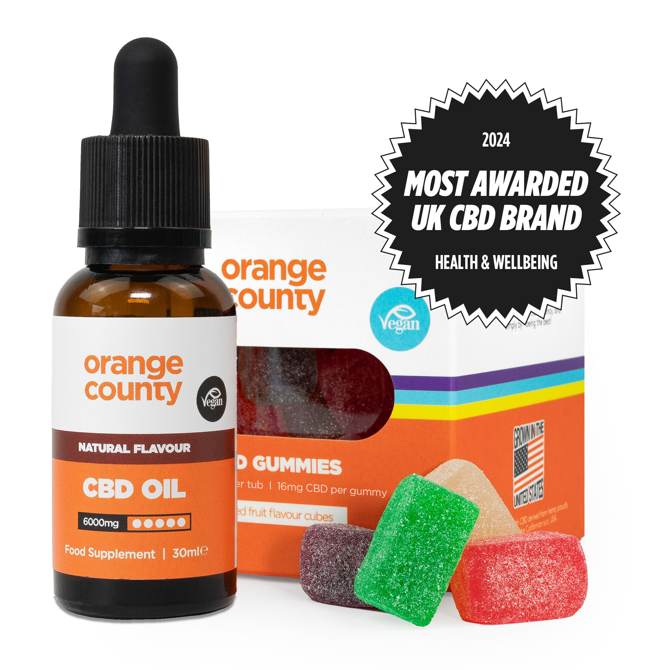 'Orange County CBD oil and gummies next to 'Most Awarded UK CBD Brand' badge.'