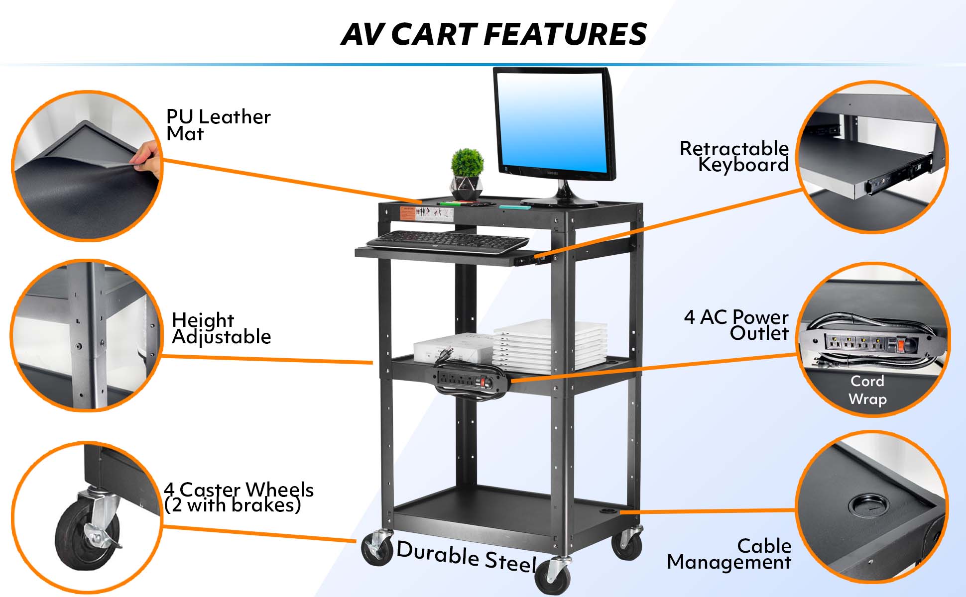 POCHAR-AVJ-Steel-Audio-Visual-Cart-with-Keyboard-Tray-Heavy-Duty-Utility-Cart