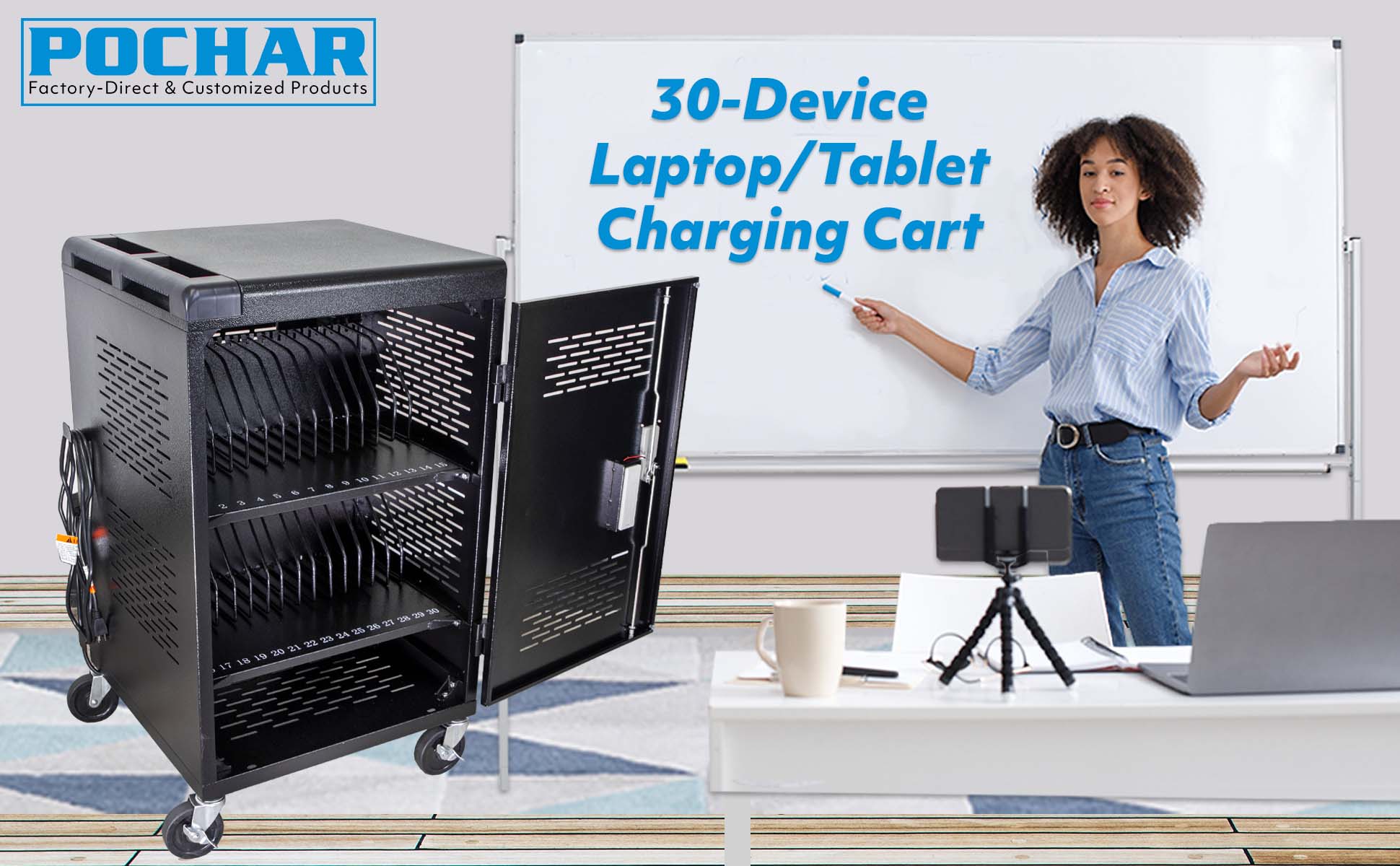 POCHAR-C30CH-30-Device-Charging-Cart-For-Chromebook-and-iPad-Chrombook-Charging-Cart-for-Classroom