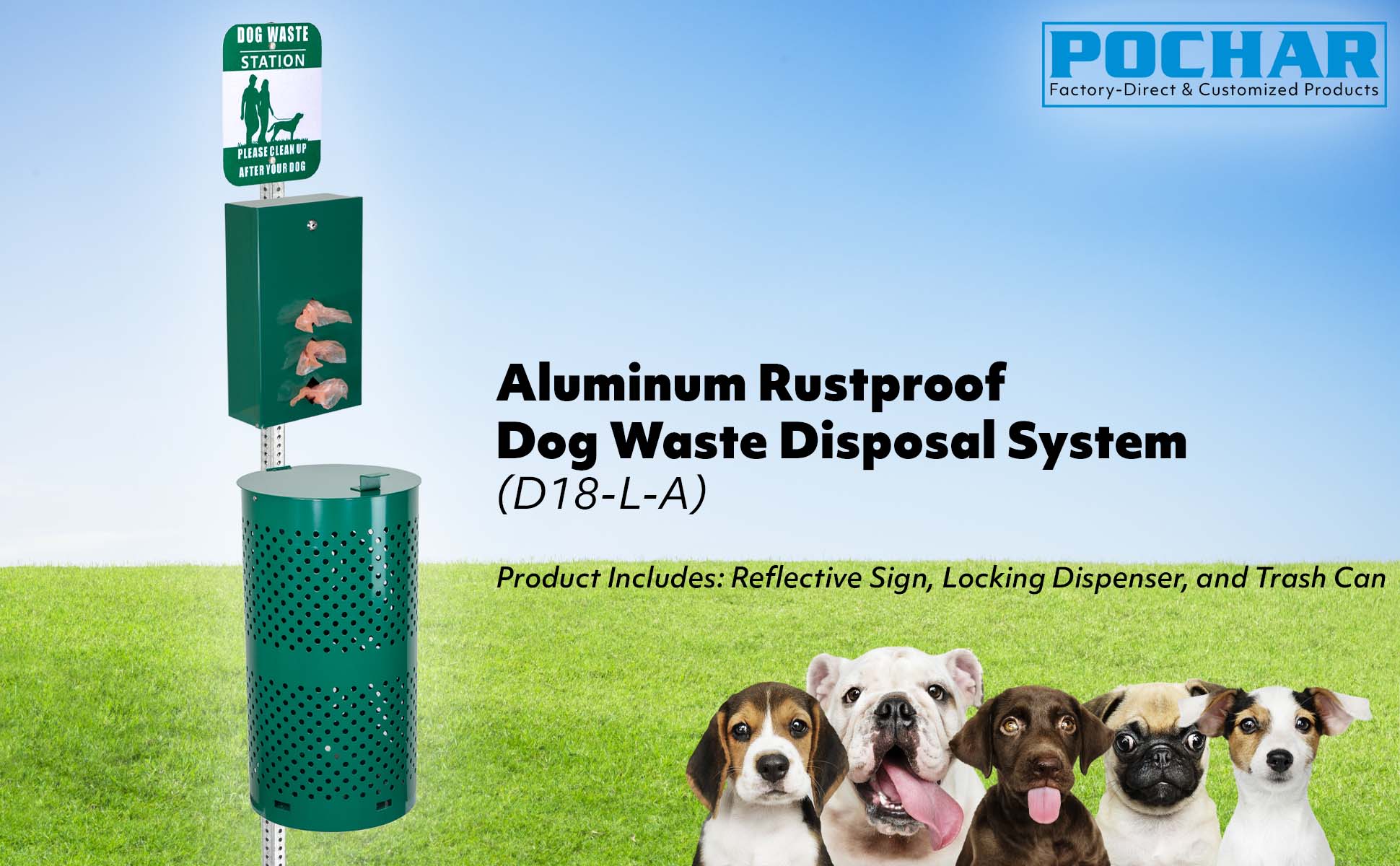 POCHAR-D18LA-Aluminum-Rustproof-Dog-Waste-Disposal-System-Pet-Poop-Station-Outdoor-Pet-Waste-Bin