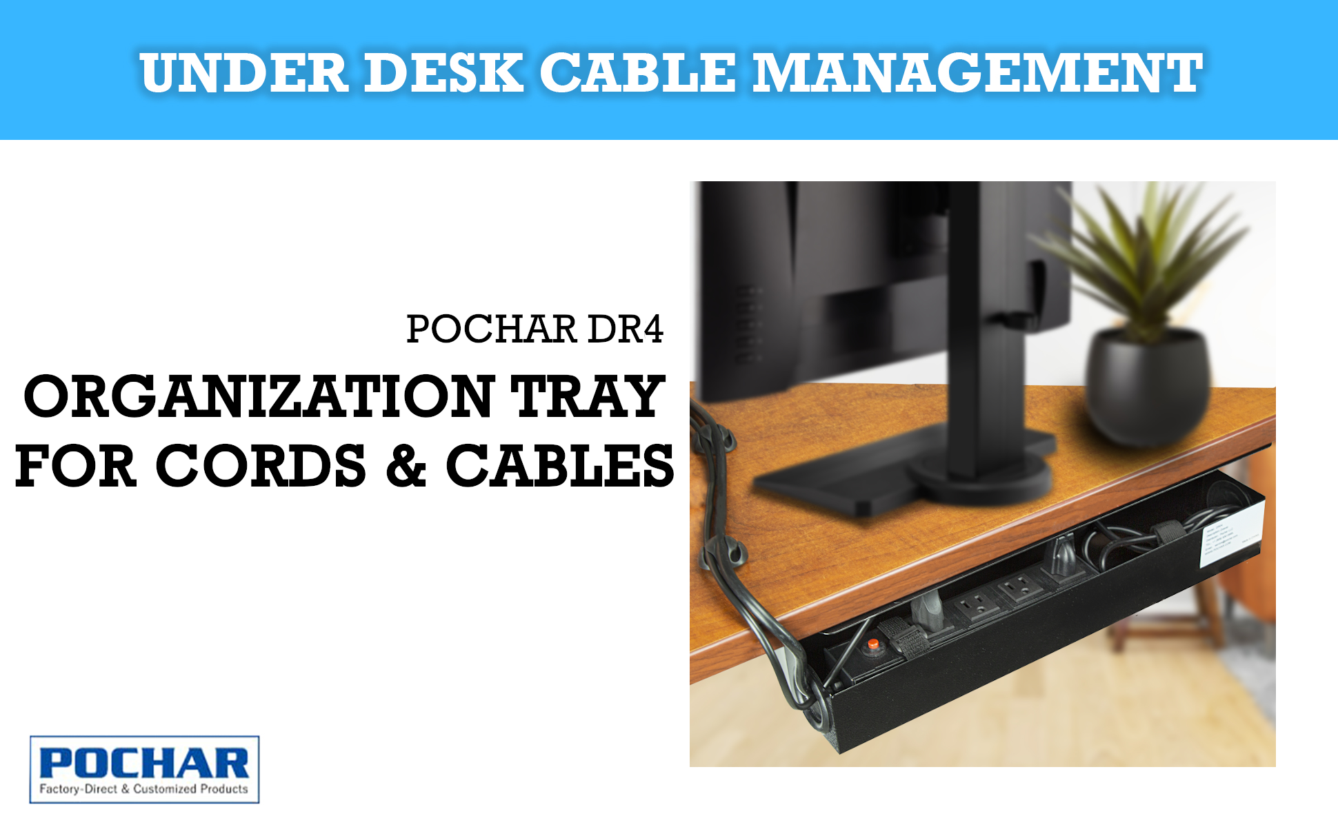 POCHAR-DR4-16-inch-Under-Desk-Cable-Management-Tray