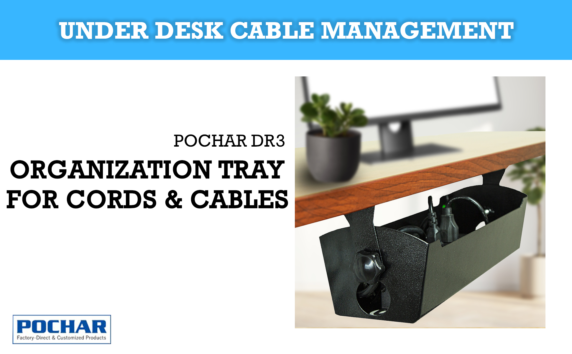 POCHAR-DR3-15-inch-Under-Desk-Cable-Management-Tray