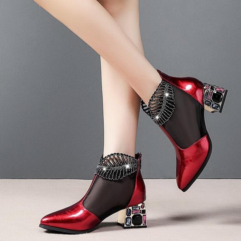 New Sexy Sandals Boots Women Mid Heels Ankle Boot Patent Leather