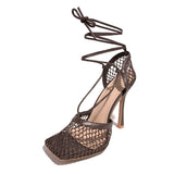 Myquees Fishnet Squared Toe Lace Up Heels