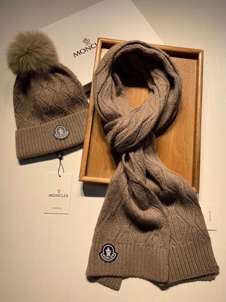 Moncler Warm Knit Hat Scarf Set fashionable women's men's winter Crochet Cotton wool hat sca