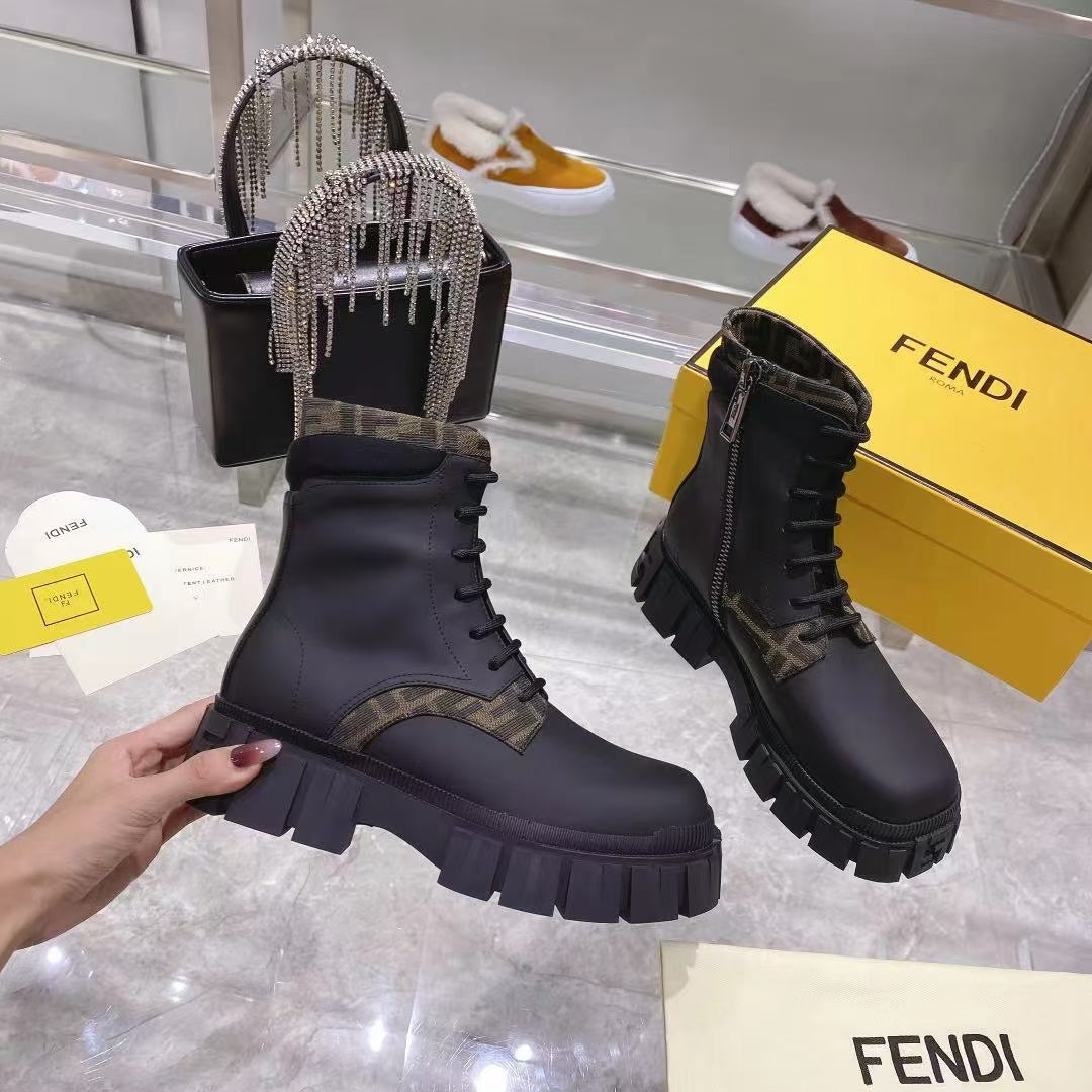 Fendi Women's men Leather Side Zip Lace-up Ankle Boots Shoes