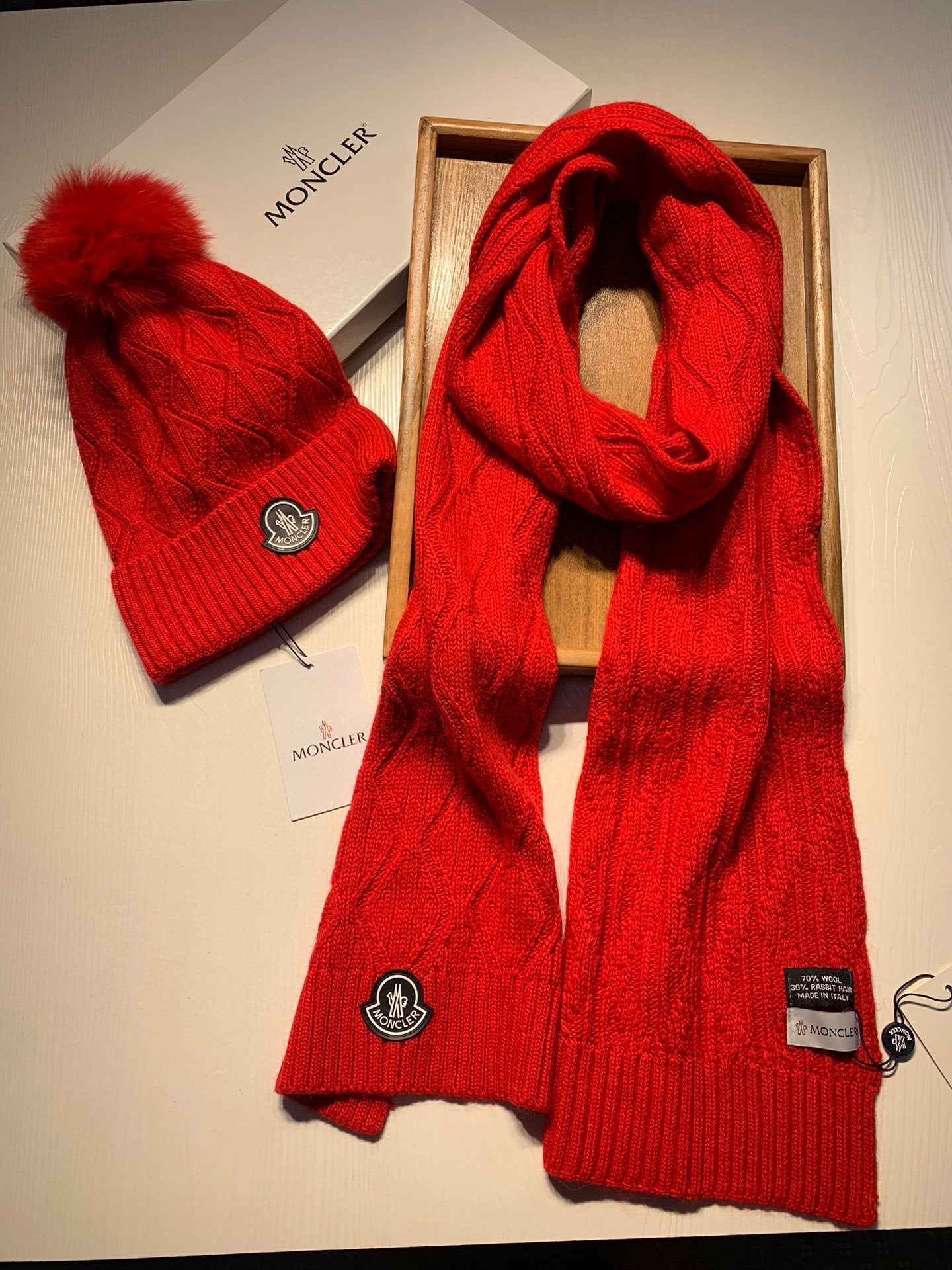 Moncler Warm Knit Hat Scarf Set fashionable women's men's winter Crochet Cotton wool hat sca