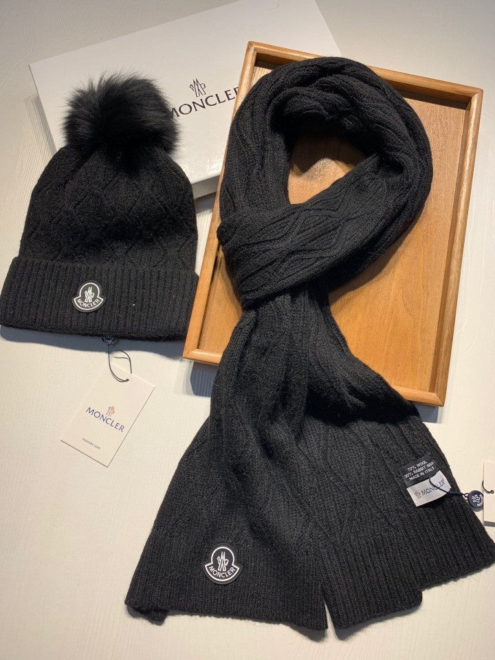 Moncler Warm Knit Hat Scarf Set fashionable women's men's winter Crochet Cotton wool hat sca