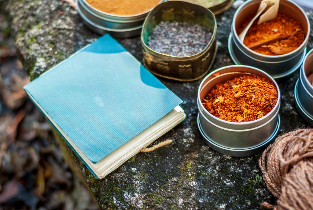 table with spices and a notebook