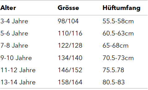 Grössentabelle A-Dam Kids