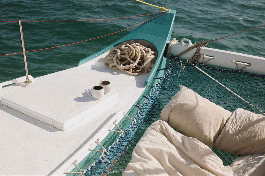 A nap spot on the brow of a boat