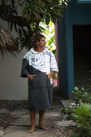 Man wears poncho towel Map of Dreams