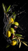 Acrylglasbild Oliven Splash Hochformat Crop