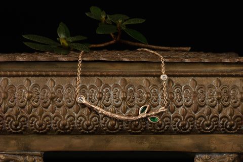 Still Life Photo, Twig Emeralds & Diamonds Necklace