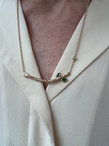 Twig Emeralds & Diamonds Necklace on model.