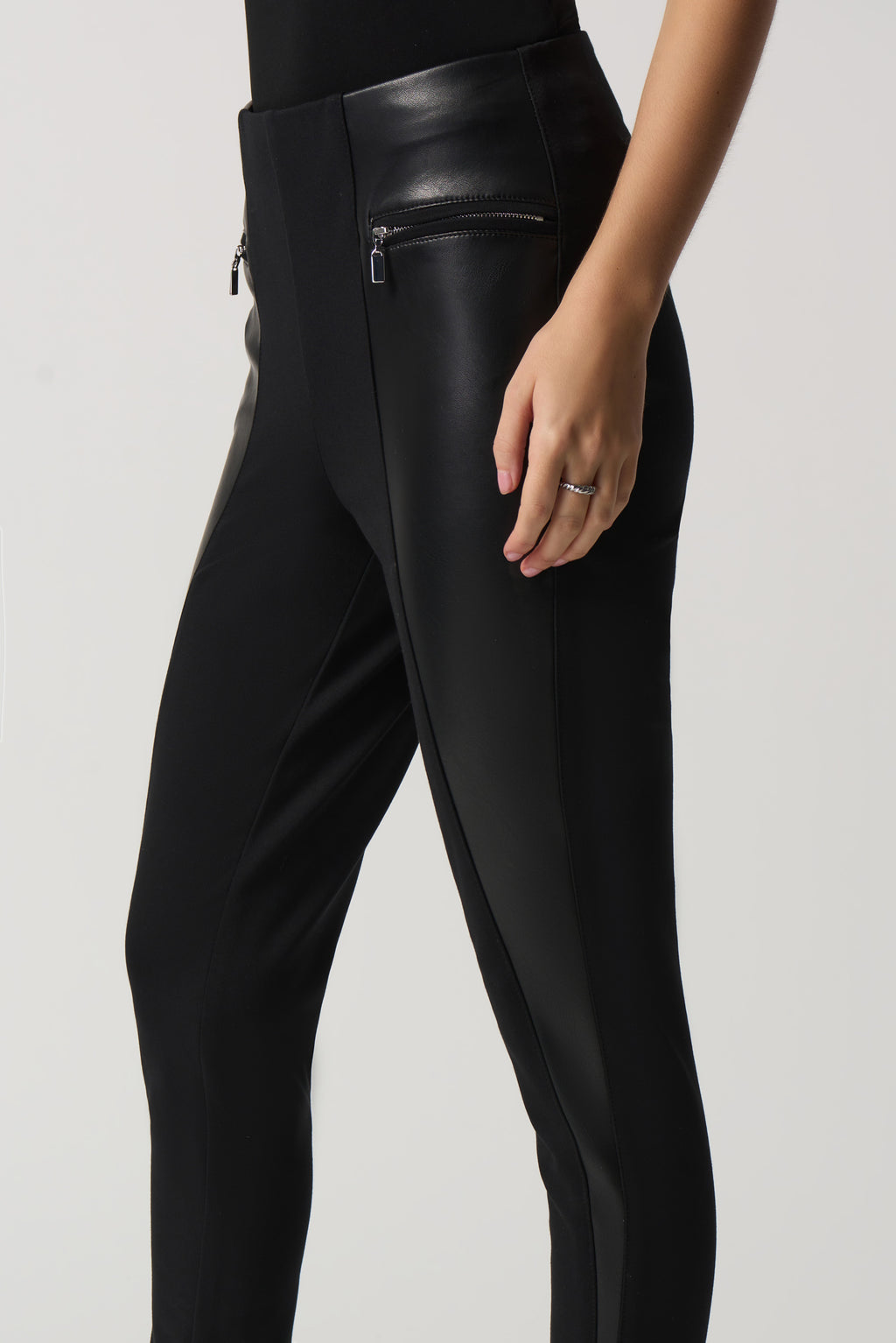 Joseph Ribkoff Black Heavy Knit Leggings With Faux Leather Detail Styl –  Luxetire