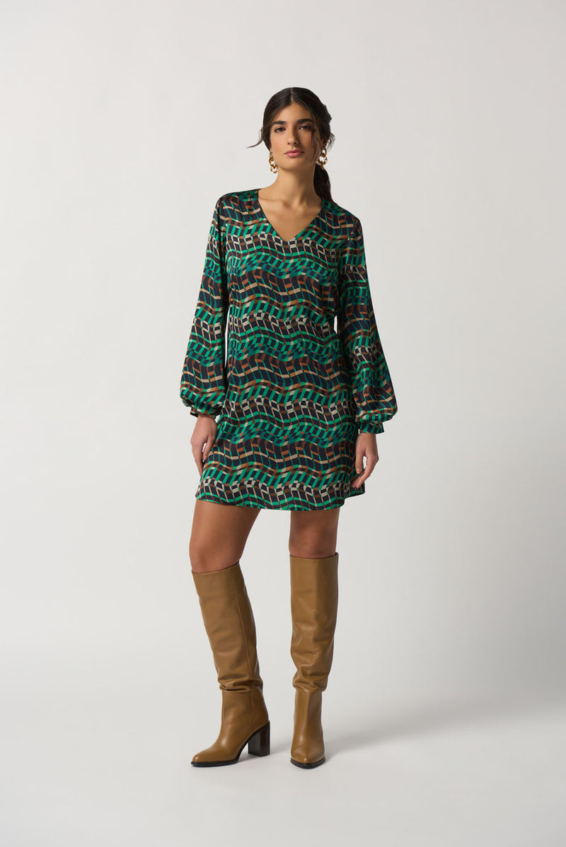 Joseph Ribkoff Black/Multi Satin A-Line Dress Style 233272 – Luxetire