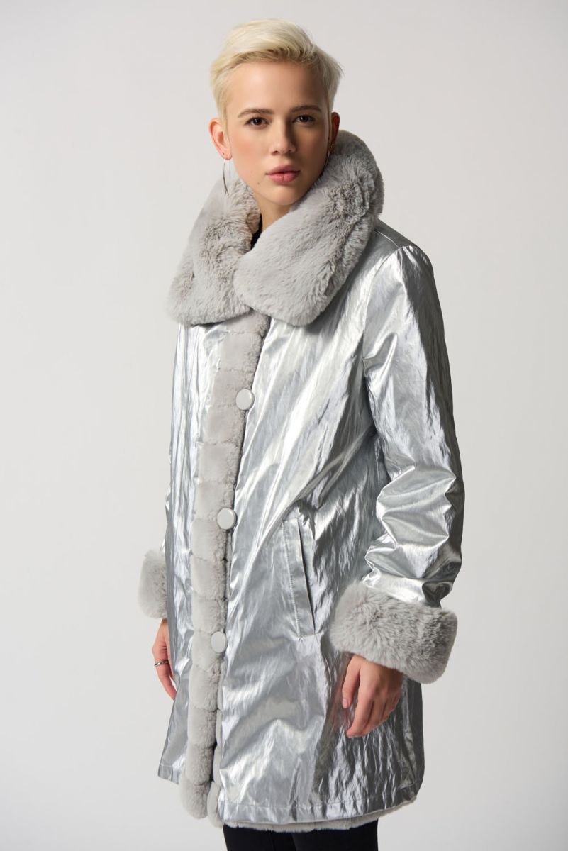 Joseph Ribkoff Silver Faux Fur Reversible Puffer Coat Style 233900 ...