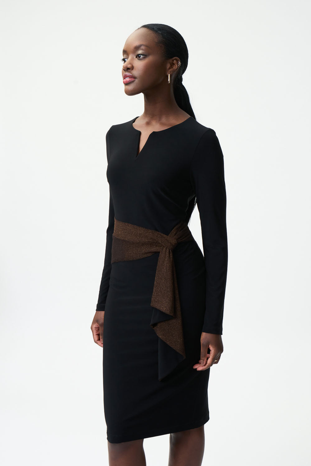 Joseph Ribkoff Wrap look dress with 3/4 sleeves in black/ beige/ gold