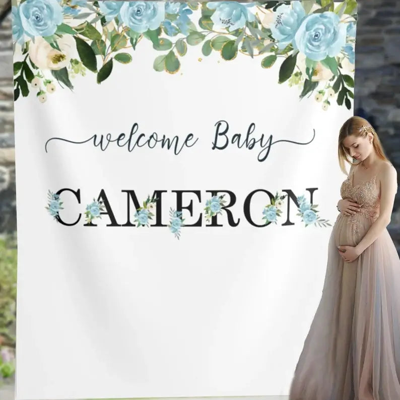 Blue floral name baby shower backdrop