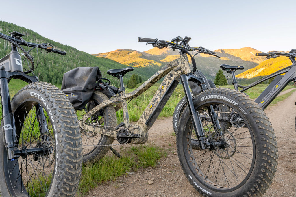 Closeup of the fat tires that can found on a QuietKat electric hunting bike