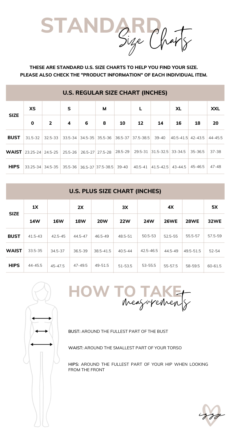 Love Izzy Shop Standard Size Charts